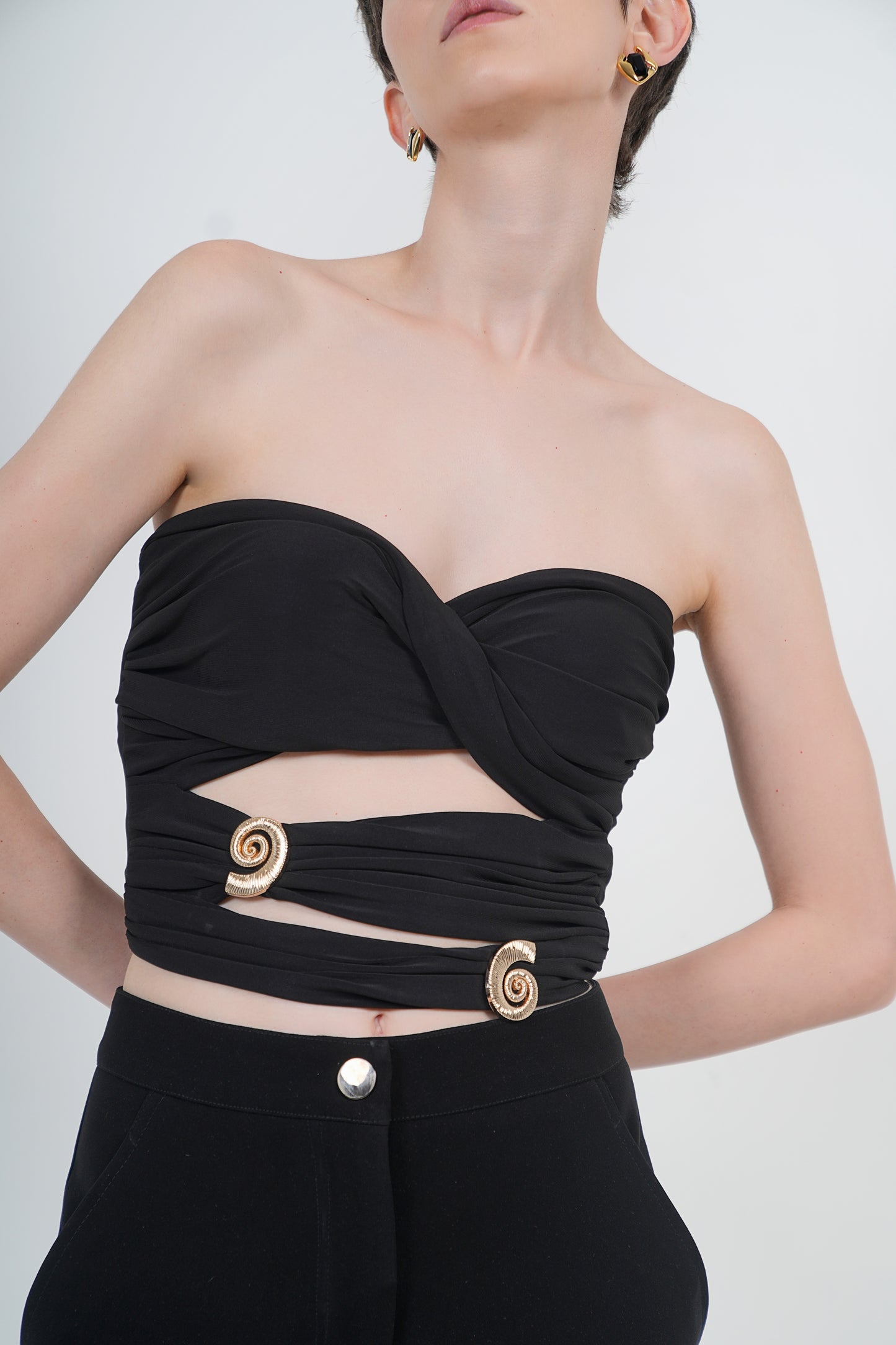 Noir Draped Top with Barrel leg Pants